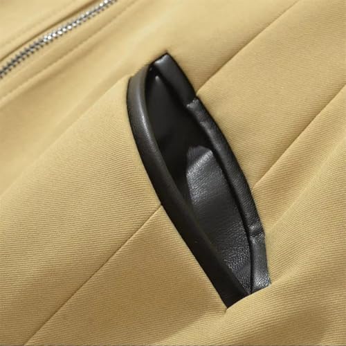 Fnfmrfmr Khaki Faux Leather Patchwork Jacket - Chic and Cozy Slim Fit Outerwear for Every Occasion - Image 7