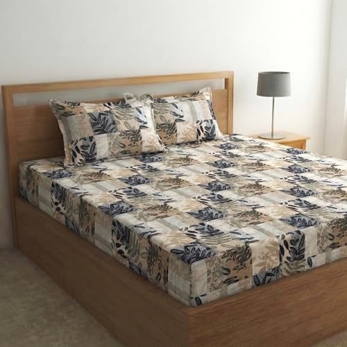 Image of Fashion String Microfibre 144TC Graphic Leaf Collage Fitted Double (72 X 78) Bedsheet with 2 Pillow Covers