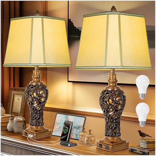 32'' Tall Rustic Vintage Table Lamps Set of 2 with Night Lights -...