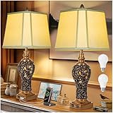 32'' Tall Rustic Vintage Table Lamps Set of 2 with Night Lights - Bedside Lamp with Faux Silk Shades for Bedroom and Living Room with 2 USB Charging Ports,Rustic Lamps for Living Room(Bulb Included)