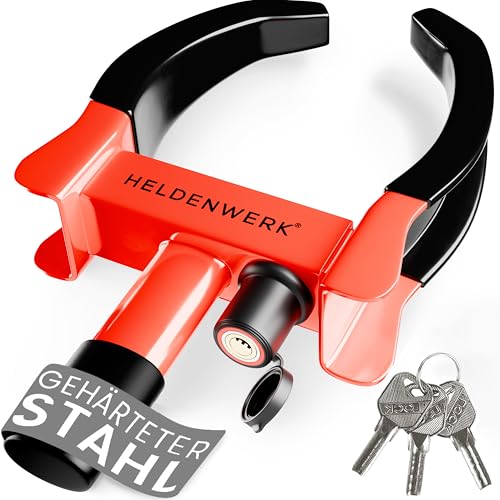 HELDENWERK Parkkralle Radkralle mit Hochsicherheitsschloss & 3 Schlüsseln - für Anhänger Wohnmobil Wohnwagen Auto - PKW Reifenkralle Autokralle Rad-Kralle für 18-30cm Reifenbreite (Schwarz/Rot)