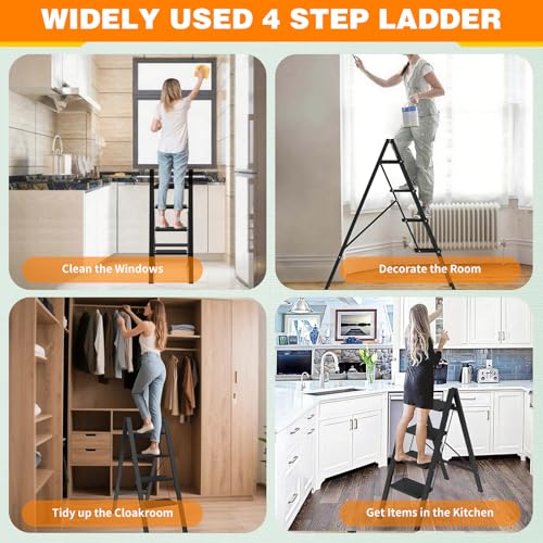 Image of 4 Step Ladder Folding Step Stool, Stable Step Ladder with Wide Pedals & Non-Slip Rubber Feet, Portable & Space Saving Step Ladder for Kitchen /Closet /Adults(16.9 inch W x 39.6 inch H, 350LBs Loading)