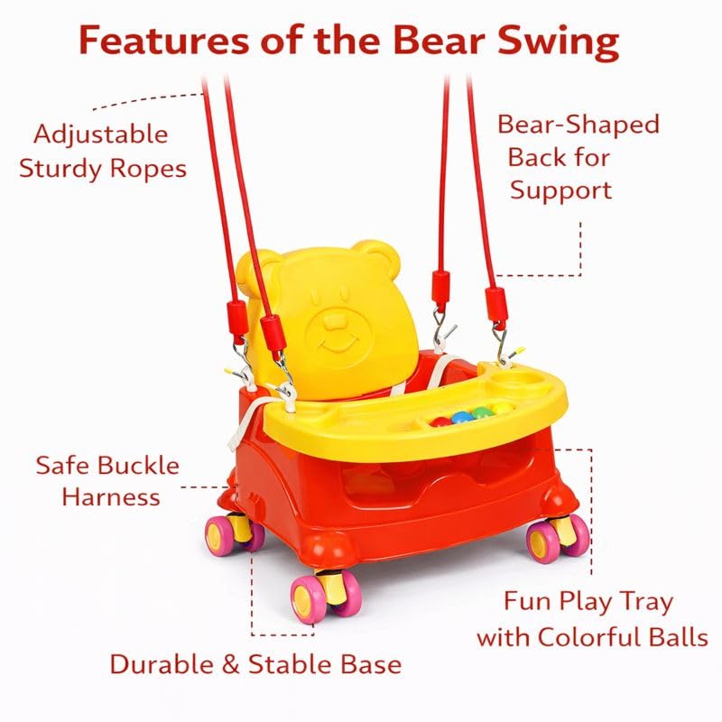 Image of Braintastic Baby Booster Seat Cum Hanging Swing for Kids | 2-in-1 Multipurpose Toddler Feeding Chair with Tray, Rope & Wheels | Safe Plastic Baby Seat (6 Months-3 Years) (Red /Yellow Wheel)