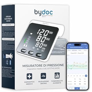 Misuratore Pressione da Braccio, Clinicamente Validato, Facile da usare, con App per Salvataggio Dati e monitoraggio Pressione Arteriosa e Frequenza Cardiaca BYDOC