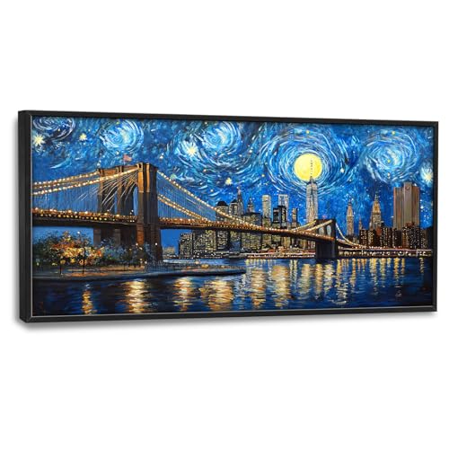 Brooklyn Bridge Wall Art, Starry Night New York City Pictures Wall Decor, Cityscape Skyline Canvas Prints Painting, Large Modern Framed Artwork for Living Room Bedroom Office Bathroom Dining Room 60"x 30"