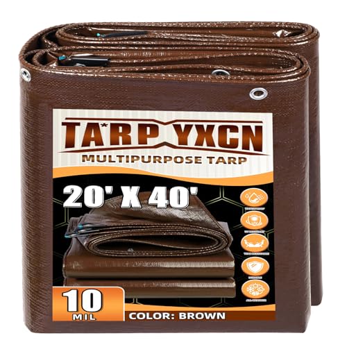 Brown Tarp 20x40 Feet 10 Mil Thick Waterproof Poly Tarps Cover UV Resistant Rip & Tear Proof with Metal Grommets Every 20 Inches