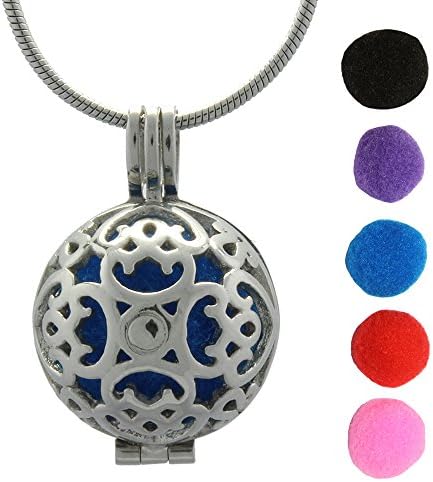 AromaRain Vintage Hearts Essential Oil Diffuser Necklace - 316L Surgical Stainless Steel Cage Locket For Aromatherapy - With 24" Snake Chain and 5 Poms For Oils