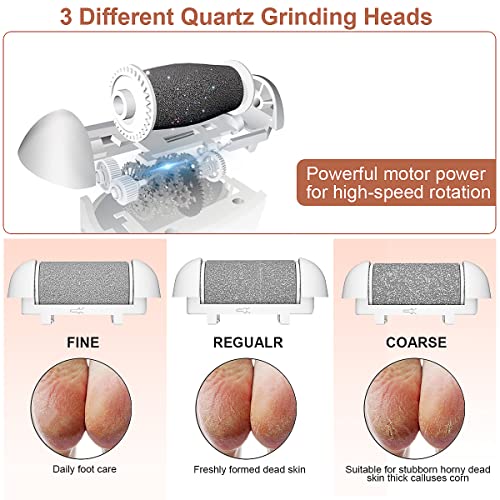 Electric Foot File Callus Remover, Rechargeable Pedicure Tools Foot Care Kit, Portable Callus Remover Kit with 3 Roller Heads,2 Speed,Battery Display for Cracked Heels Calluses&Dead Skin【White】