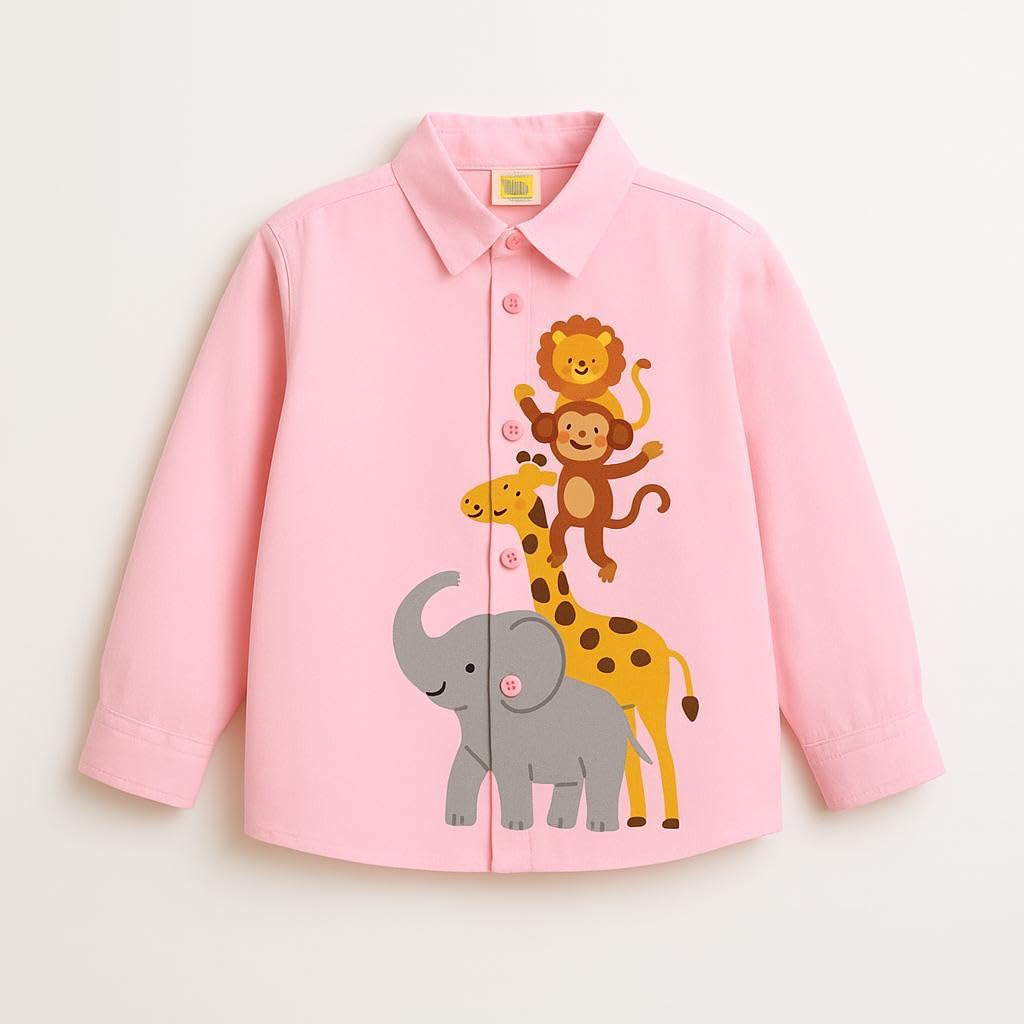 ZIP ZAP ZOOP Pink Cotton Full Sleeve New 4 Animal-Monkey Lion Giraffe Elephant Let's Swing Print Collar Neck Boys Shirt | 1-1.5 Years 1