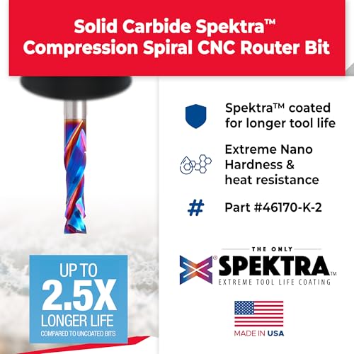 Image of Amana Tool Spektra Extreme Tool Life Solid Carbide CNC Compression Spiral Router Bit, 46170-K-2 2 Pack, 1 /4 D x 7 /8 CH x 1 /4 Shk x 2-1 /2 Inch L 2 Fl