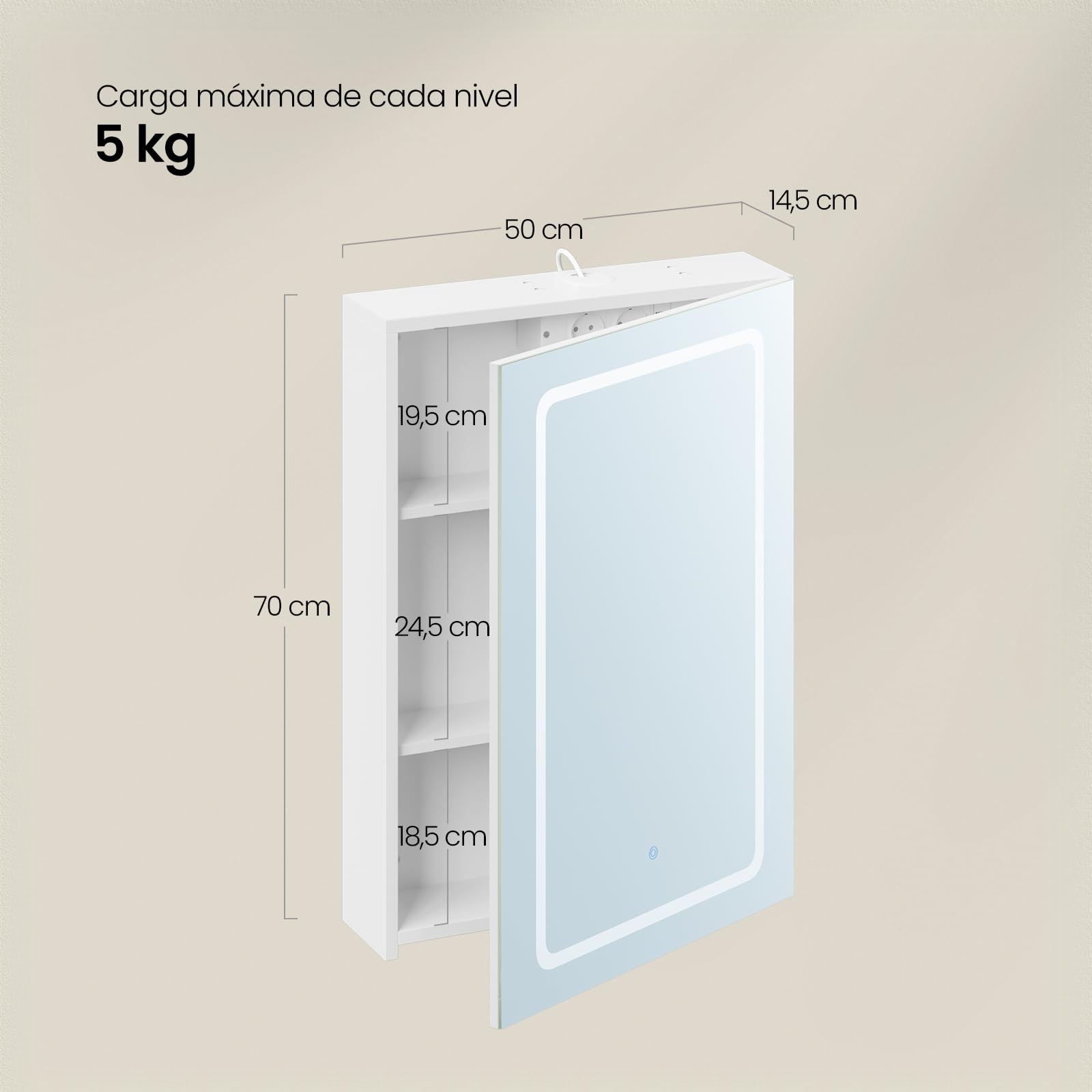 EUGAD Armario Baño con Espejo y Luz, Armario de Pared con Estantes Ajustables, Luz Táctil de 3 Colores, Ganchos de Joyería, Mueble Baño para Piso Apartamento, Blanco