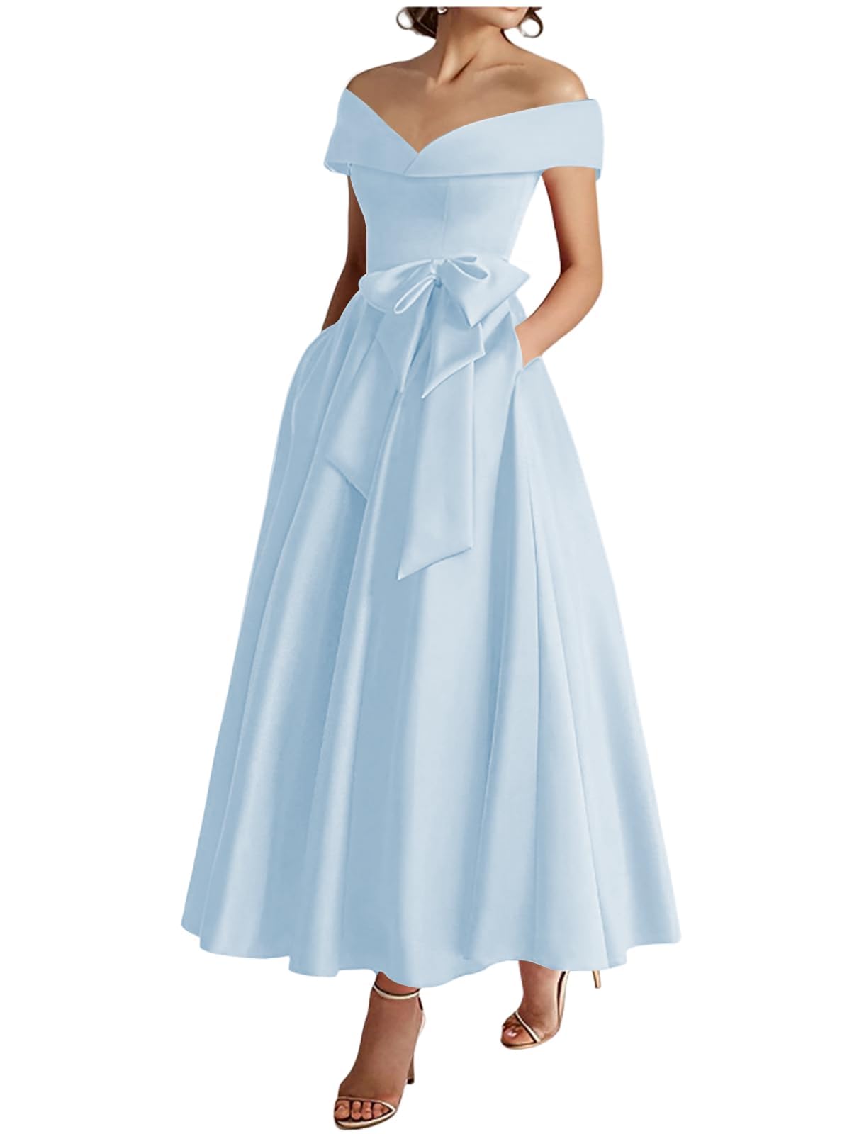 KIYNE Satin Light Blue Mother of the Groom Dresses A Line Off Shoulder Prom Dress Corset Tea Length Mother of Bride Gown UK10