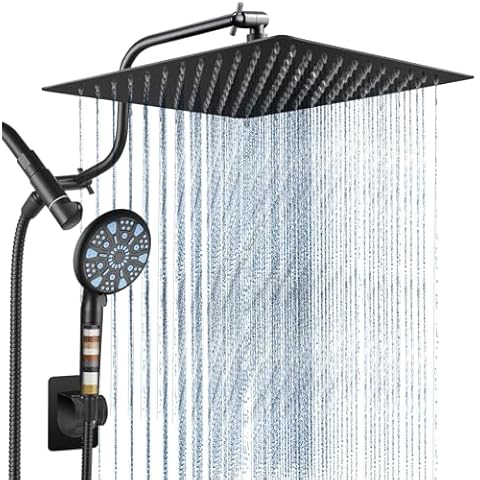 Cobbe 12 Inch All Metal 3-Way Rain Shower Head, High Pressure Shower Head, Dual Shower Heads with Handheld Spray Combo - Upgrade Extension Arm Height Adjustable - 9 Spray Filtered Shower Head, Black Cover