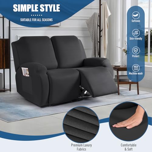 Image of TAOCOCO Recliner Loveseat Slipcover, 2 Pieces Polyester Fabric Stretch Sofa Covers for 2 Seat Reclining Couch, Soft Washable Furniture Protector with Pockets (2 Seat, Black)