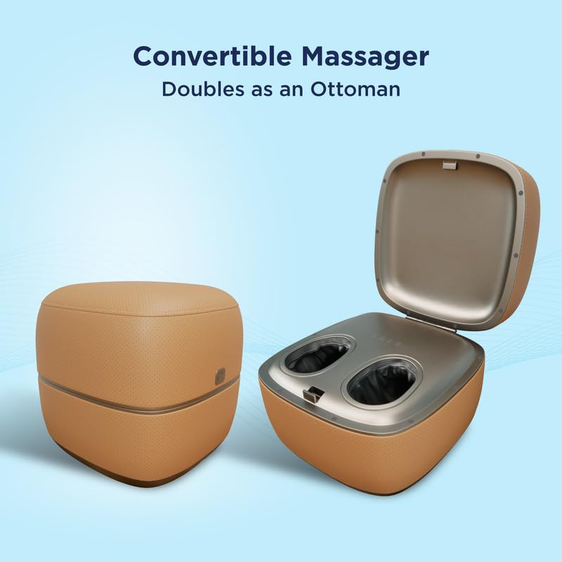 Image of The Sleep Company Wave X Foot Massager with Ottoman | 18 Custom Massage Styles | Shiatsu Rolling & Kneading, Vibration & Heat | 2-in-1 Convertible Design | Lasts up to 10 Sessions| Suede Finish | Tan Leatherette