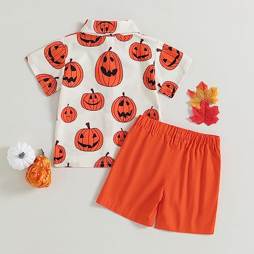 Toddler Baby Boy Halloween Outfits Pumpkin Short Sleeve Button Down Shirt Top Shorts Set 2Pcs Gentleman Clothes3