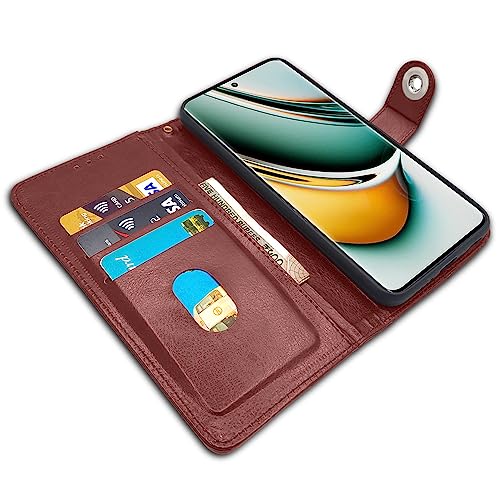 Image of Pikkme Realme 11 Pro / 11 Pro Plus 5G / Narzo 60 Pro 5G Flip Cover Leather Finish | Inside TPU with Card Pockets | Wallet Stand and Shock Proof | Complete Protection Button Flip Case (Brown)