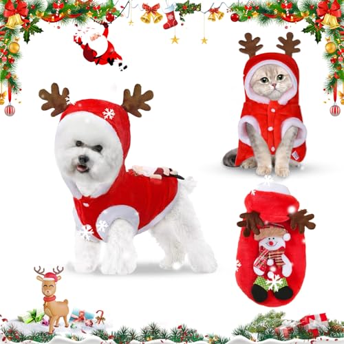 Dog Christmas Outfit, Dog Christmas Jumper, Cat, Dog Santa Reindeer Costume, Cats Xmas Jumper, Santa Claus Pet Hoodie Coat for Small Medium Large Dogs Cats (Size S M L XL)