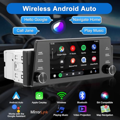 Image of Single Din Touchscree Car Stereo Wireless Apple Carplay & Android Auto, 5 Inch IPS Touch Screen Single Din Radio Head Unit with Mirror Link, EQ, Bluetooth 5.2, FM /SWC /USB
