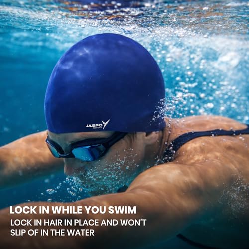Image of JASPO Velocity Silicone Swimming Cap | Unisex Swim Cap for Men & Women | Stretchable, Anti-Slip, Waterproof Cap for Pool, Training & Professional Swimming | Blue