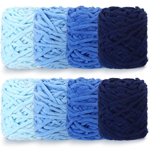 Image of Buryeah 8 Pack Chunky Chenille Yarn for Crocheting Soft Thick Fluffy Yarn for Hand Knitting Bulky Velvet Blanket Plush for Weaving DIY Crafts Each 3.5 oz 55 Yards(Blue Series)