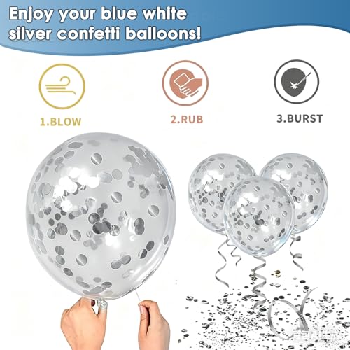 Image of Blue White Silver Confetti Balloons - 50pcs 12 inch Metallic Blue Silver and Clear White Confetti Latex Balloons for Graduation Father's Day Birthday Wedding Anniversary Bridal Shower Party Decorations