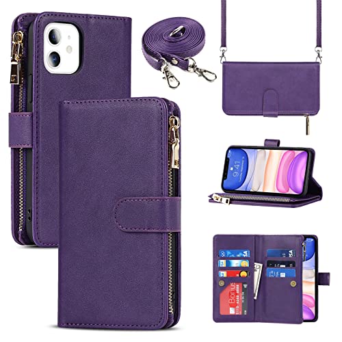 Jaorty iPhone 11 Phone Case Wallet for Women Men with Credit Card Holder, iPhone 11 Crossbody Case with Strap Shoulder Lanyard, Zipper Pocket PU Leather Cases for iPhone 11,6.1 Inch Purple