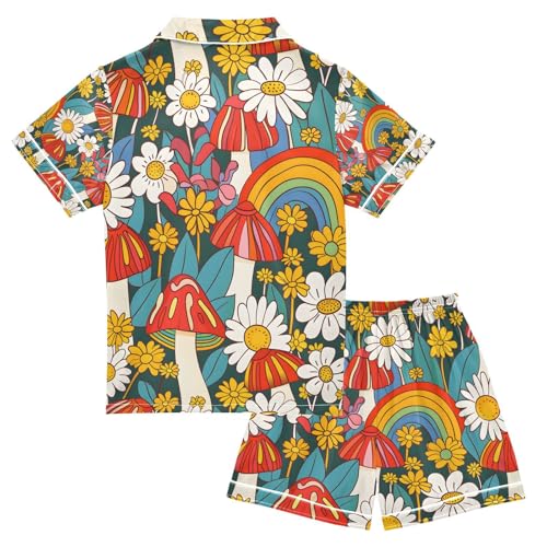 senya Flowers Mushrooms Rainbows Satin Summer Pajama Sets Silk Short Sleeve Button Down Sleepwear2