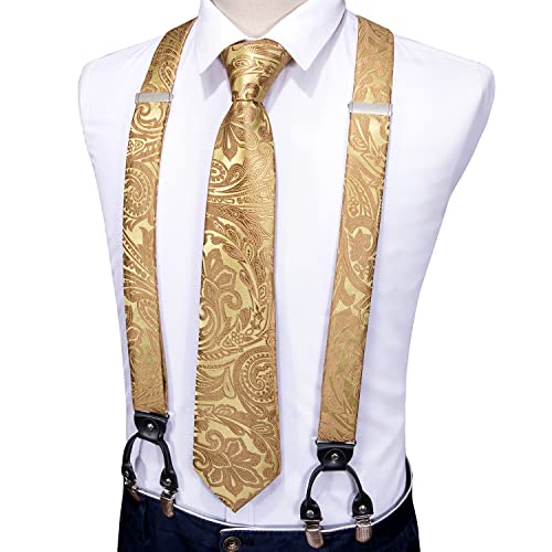 Image of Barry.Wang Men Suspender Set with Necktie Elastic Y Type Heavy Duty 6 Clips Braces Tie Handkerchief Cufflink Pin 6PCS