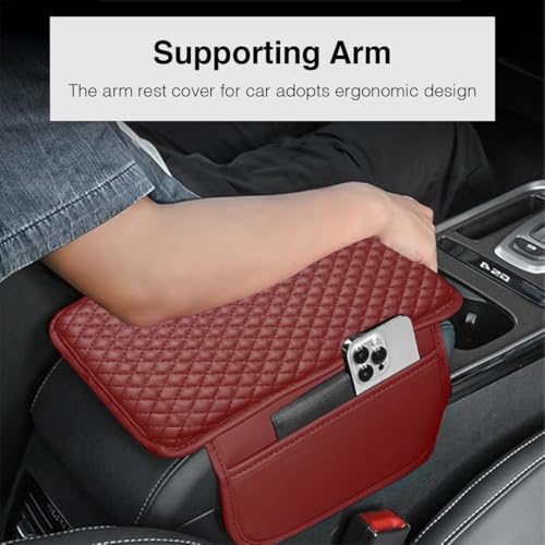 Image of Lyrovo PU Leather Car Armrest Cushion Pad With Side Pockets, Universal Fit for All Car (Maroon)