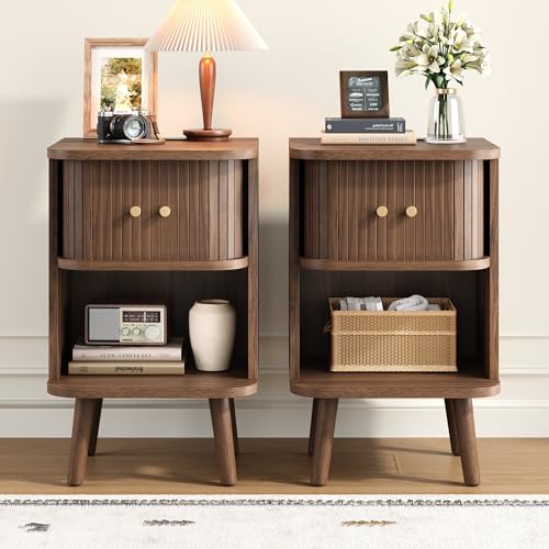 Decofy Fluted Nightstand Set of 2, Mid Century Modern Bedside