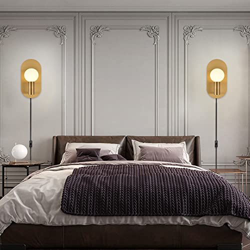 Yeezema Modern Wall Sconce Set Of 2 Gold Mid-Century Plug In Sconces Wall Lighting Cord With On Off Switch Brushed Stainless Steel Wall Mounted Lighting Fixture For Bedroom Living Room #TOP3