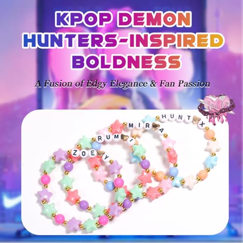 AICase for Kpop Demon Hunters Merch Rumi Zoey Mira Inspired Bracelets 4 Pcs Stackable Stretch Friendship Beaded Star Bracelets for Huntrix k pop Unique Merchandise Jewelry Gifts for Fans Women_722