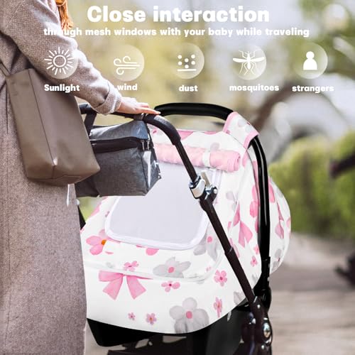 Image of Hooyax Baby Car Seat Cover with Dual Zipper, Extra Large Mesh Window Carseat Canopy, All-Season Weather Protection for Infant Car Seats & Strollers (Pink Bow)