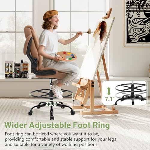 Image of 500LBS Drafting Chair, High Back Safer Standing Desk Chair, Executive Tall Office Chair with Flip-up Armrests, Upholstered PU Leather Task Chair, Ergonomic Seat with Adjustable Height&Foot Ring, Brown