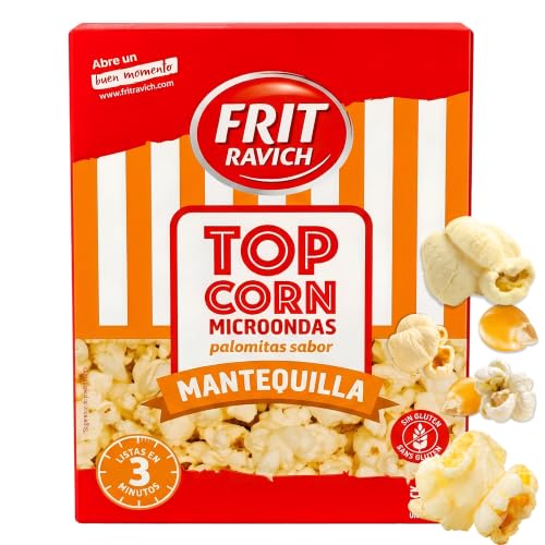 Palomitas sabor Mantequilla Microondas Frit Ravich, Palomitas de maíz, Elaboradas con maíz especial para palomitas, grasa vegetal de palma y sal, Sin gluten, Vegano, Pack 3 Unidades de 90 gr