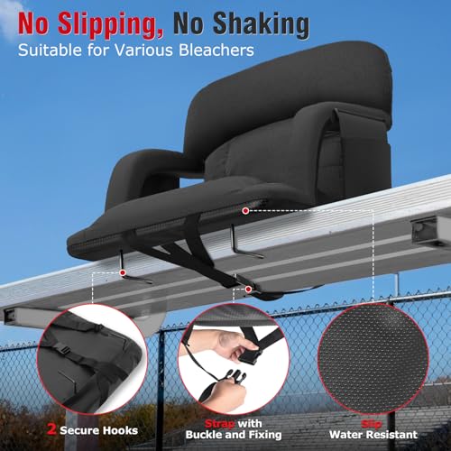 Image of Suteck Wide Stadium Seats with Back Support, Portable Sofa Style Bleacher Chair with Back and Cushion, Armrest, 6 Reclining Positions Backpack Stadium Chair for Sports Events 25-Inch Wide