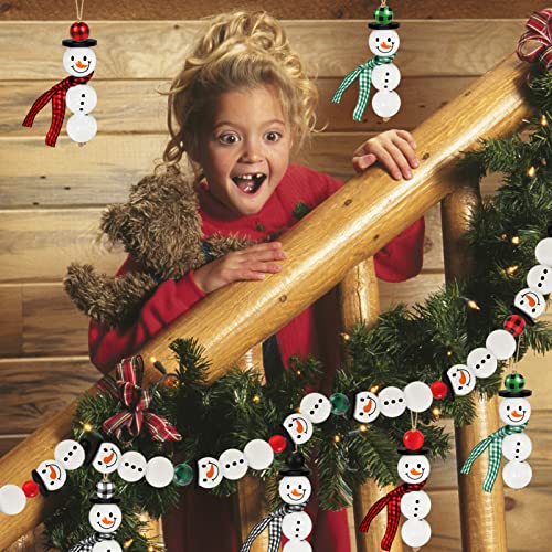 Image of 205 Pieces Christmas Snowman Wooden Beads Craft Project Natural Polished Wood Bead with Twine, Winter Christmas Tree Hanging Ornaments, Rustic DIY Garland Decoration for Home (Snowman)