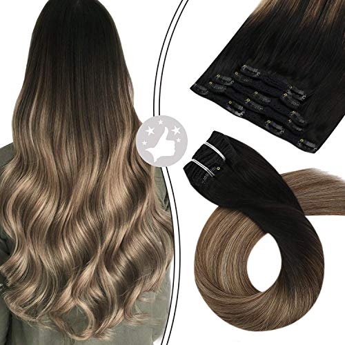 Moresoo Brown Clip in Hair Extensions 14inch Seamless Dark Roots Balayage Black to Light Brown with Blonde Extensions Clip in Human Hair 70Grams/pack 5PCS Remy Straight Hair