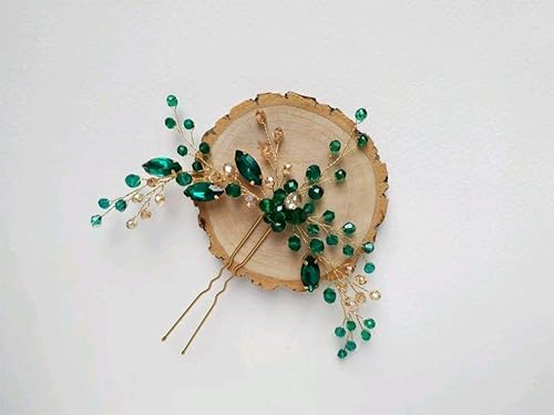 Miniatura 5 de Denifery Pinza de pelo de novia de oro esmeralda, pinza de pelo verde horquilla para la cabeza, accesorios para el cabello de boda