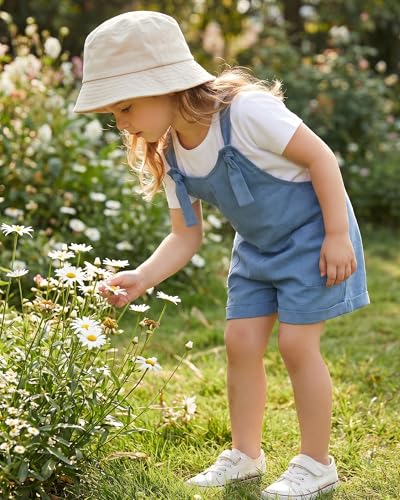 Image of HINTINA Toddler Girl Overall Shorts Set Adjustable Loose Jumpsuit Short Sleeve T-shirt Vacation Summer Outfits with Pockets