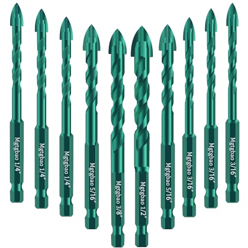 Mgtgbao Green Concrete Drill Bit Set, 10pcs Masonry Drill Bits Set Carbide Tip for Glass, Brick, Tile, Concrete, Plastic and Wood with Size 3/16â€,1/4â€, 5/16â€,3/8â€, 1/2â€