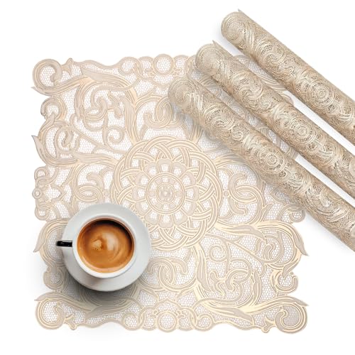 Image of Kuber Industries 4 Pcs Leather Side Table Mats | Placemat /Dining Table Mat for Family Functions | Circle Flower Square Design - Cream & Golden