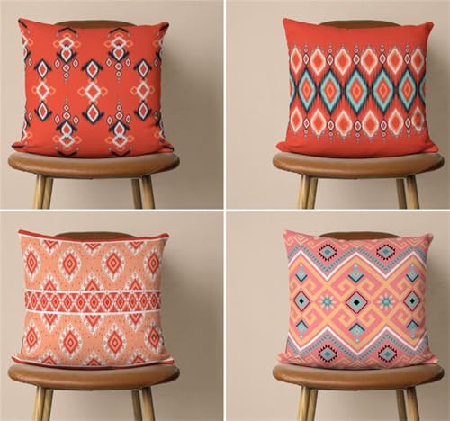 KIZIFI Fundas de Cojín 55x55 cm Juego de 4 Naranja Geométrico Fundas de Cojines de Lino Decorativas Verde Funda de Almohada Cuadrado Moderna Decoración Funda Cojin Sofa para Coche Estar Sillas Jardin