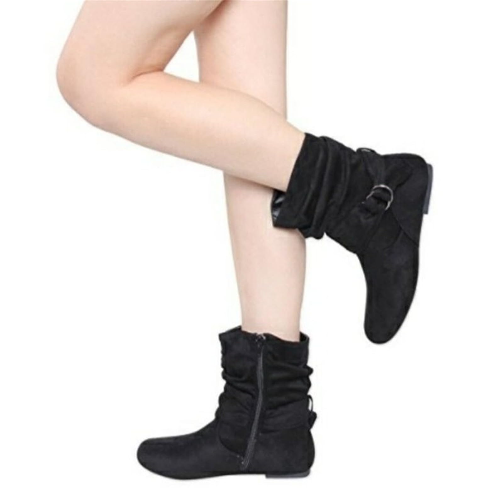 FGUUTYM Bottines pour femme avec boucle - Style vintage - En cuir - Bottes mi-hautes classiques - Bottes mi-hautes - Bottes de cowboy plates en daim - Élégantes - Chaussures d'hiver pour femme