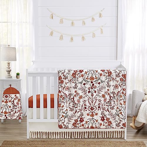 Image of Sweet Jojo Designs Ivory and Orange Boho Vintage Floral Girl Baby Crib Bedding Set Infant Nursery Room Blanket Fitted Sheet Skirt Diaper Stacker 4p Bohemian Rust Daisy Botanical Green Fringe Tassel