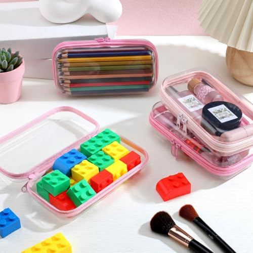 Image of Hoolerry 4 Pcs Hard Clear Zipper Case Makeup Bags Plastic Zipper Pouch Transparent Storage Box Containers for Cosmetics, Snacks, Building Blocks, Puzzles(Clear,7.5 x 3.9 x 2 in,Pink)
