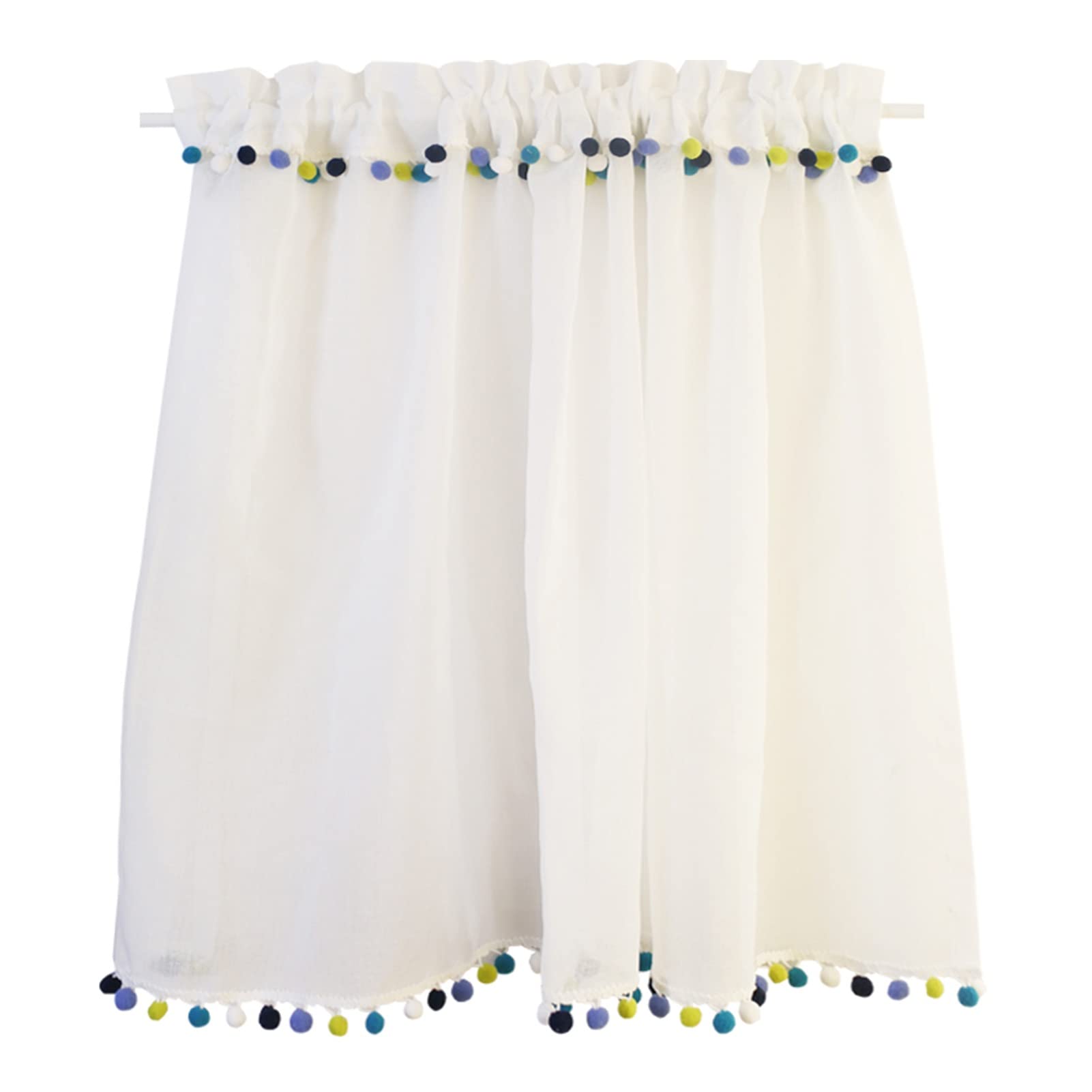 Cantonnière de cuisine blanche à pompons pour fenêtre de salle de bain