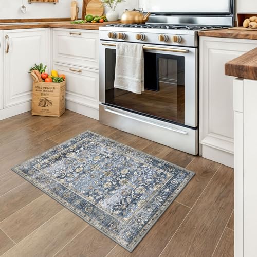 Image of KUTA Vintage 2x3 Rugs for Entryway, Non-Slip Washable Area Rug & Indoor Door Mat with Floral Print, Blue Grey Beige Ultra Thin Soft Low-Pile Throw Rug for Kitchen Front Door, Bedside, Small Spaces