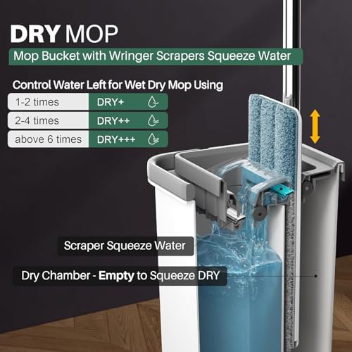 JOYMOOP Mop and Bucket with Wringer Set and Floor Cleaner Pods, Flat Floor Mop with 3 Reusable Microfiber Pads, Wet and Dry Use, Freesia Scent Pack of 15 Pacs for Floor Cleaning